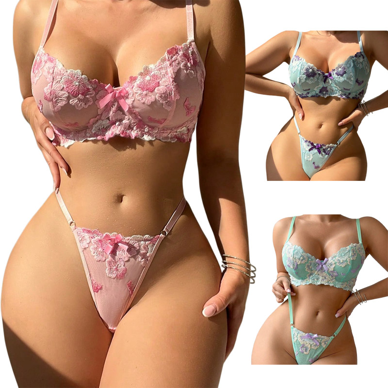 Good Floral & Wedding Decor Supply - Romantisches Rosa Blumen-Stickerei Sexy Dessous-Set, Luxuriöse
