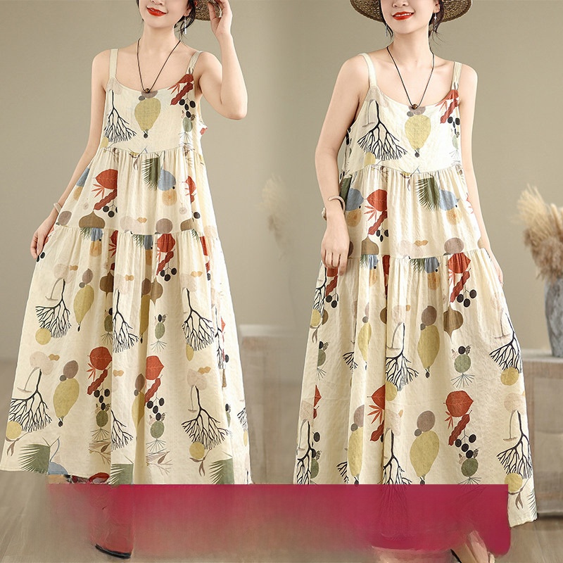 Good Floral & Wedding Decor Supply - Blumiges Baumwoll-Leinen Maxikleid A-Linien-Rock Hohe Taille