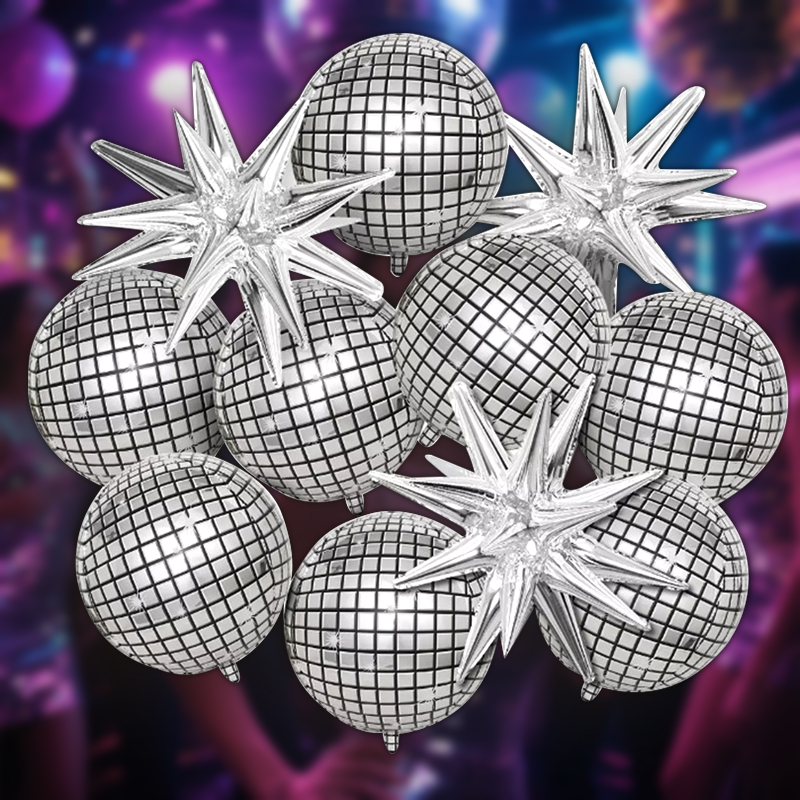 Supply Wedding Venue - 8-teiliges Silbernes Disco-Explosionsstern Aluminiumfolienballon-Set für Geburtstag,
